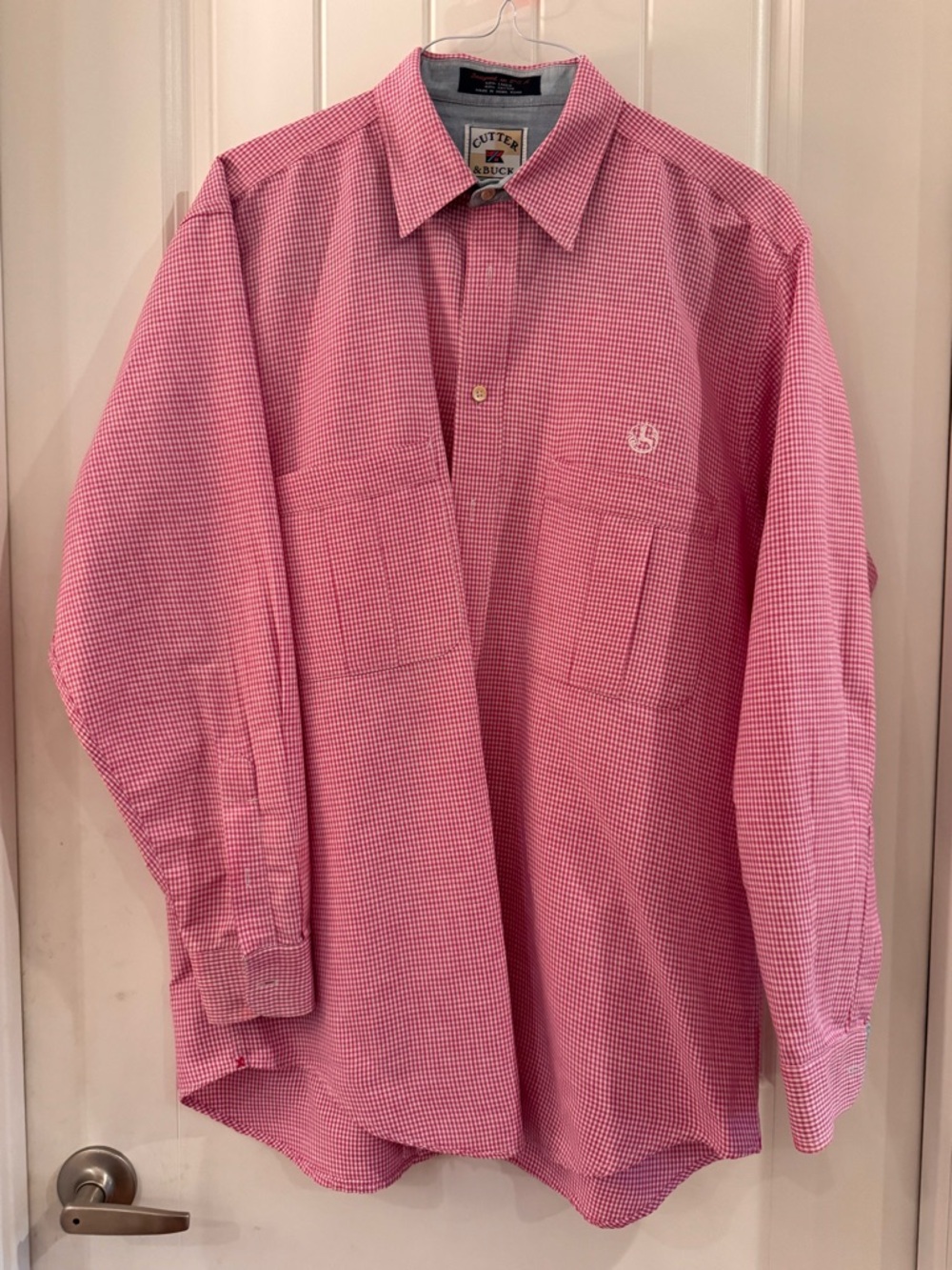 Cutter & Buck Men's‎ Pink Micro-Check Button-Down Shirt Medium Linen blend